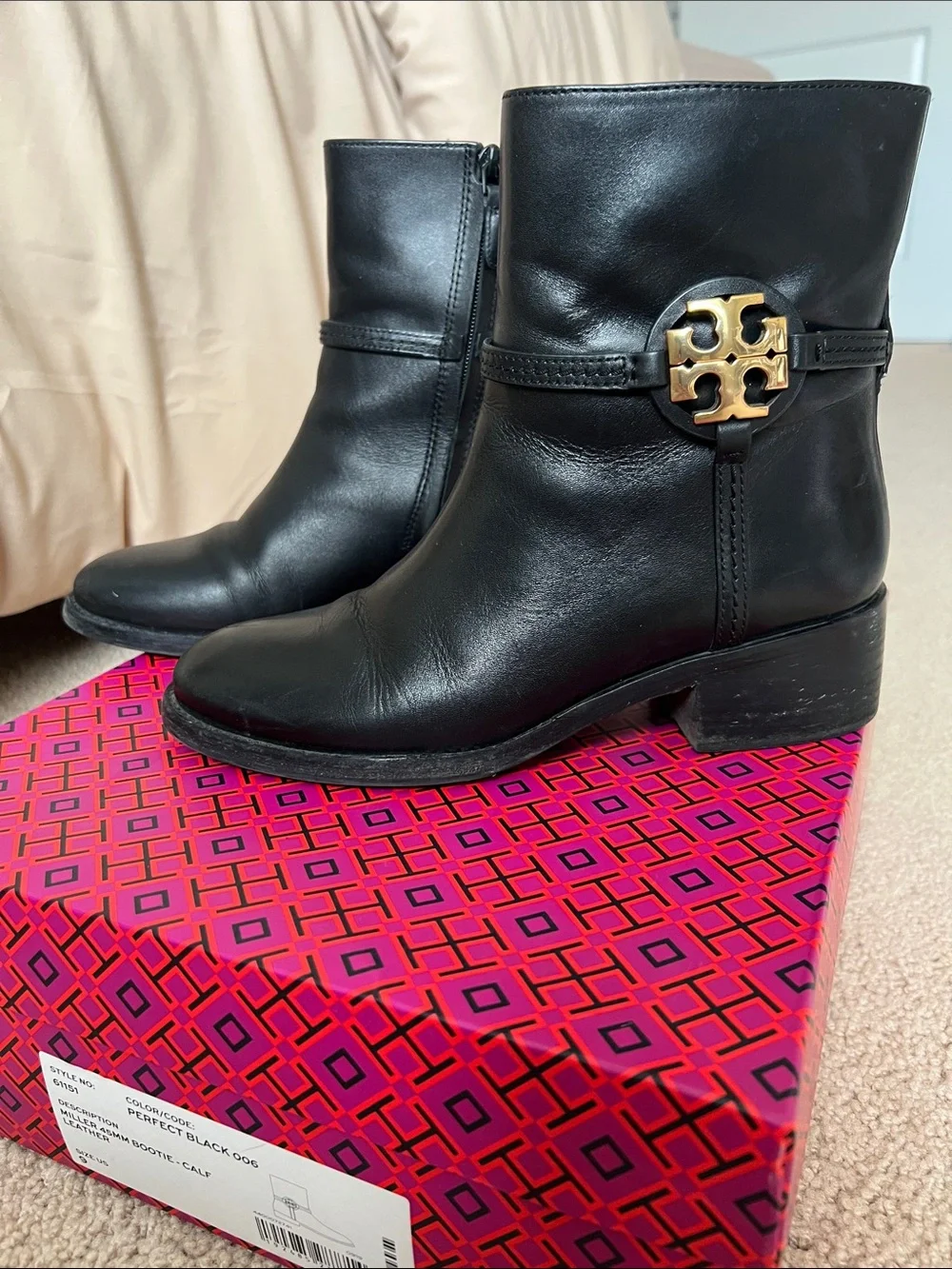 Tory Burch Black Leather Logo Medallion Ankle Boots